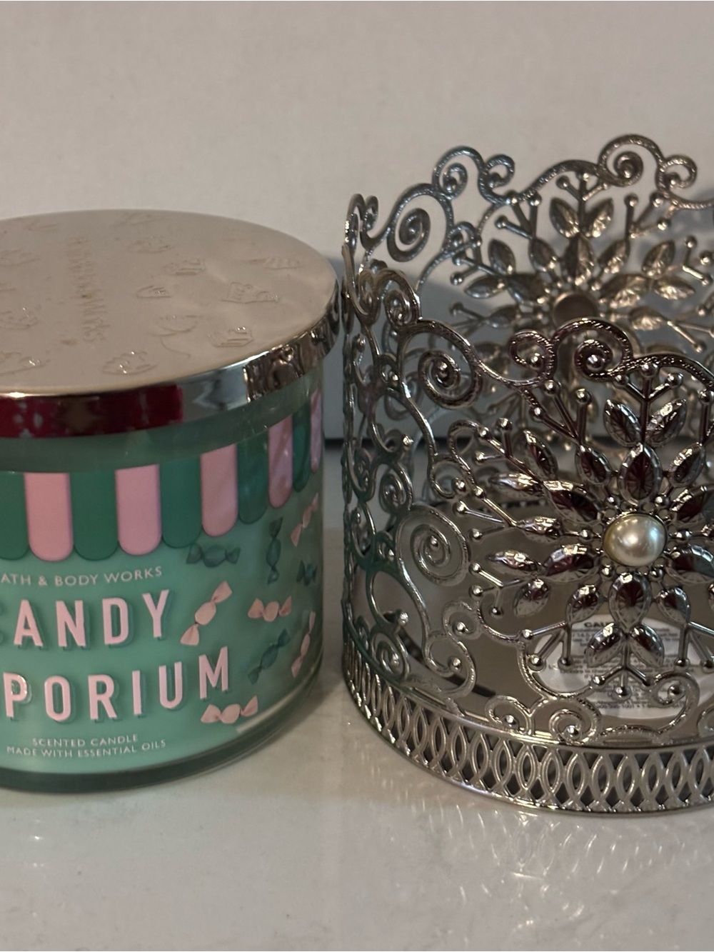 Bath & Body Works Mint Green Candy Emporium Candle with Silver Filigree Holder